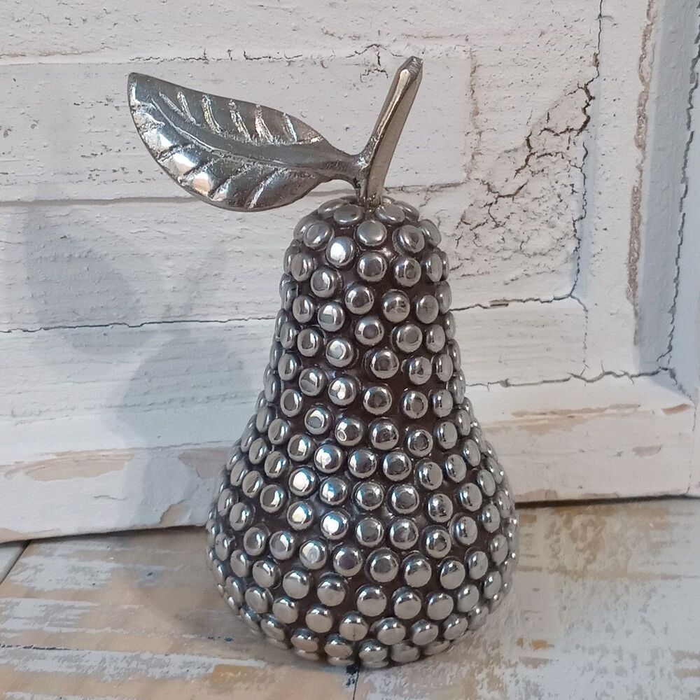 Vintage Studded Pear Paperweight Shelf Sitter Decor Hobnail Silver Metal 4"x2"